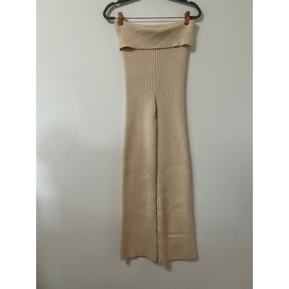 Aerie Ribbed Knit Wide Leg Pants Oatmeal Cream Fold Over Waist Sweater Small